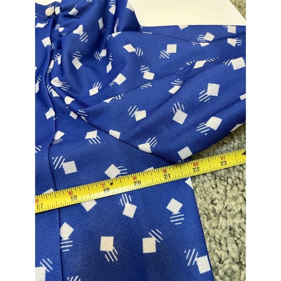 VINTAGE BOHO RETRO MOD 70s SUE BRETT GEOMETRIC SLEEVE DRESS BLUE SIZE L XL - Picture 5 of 6